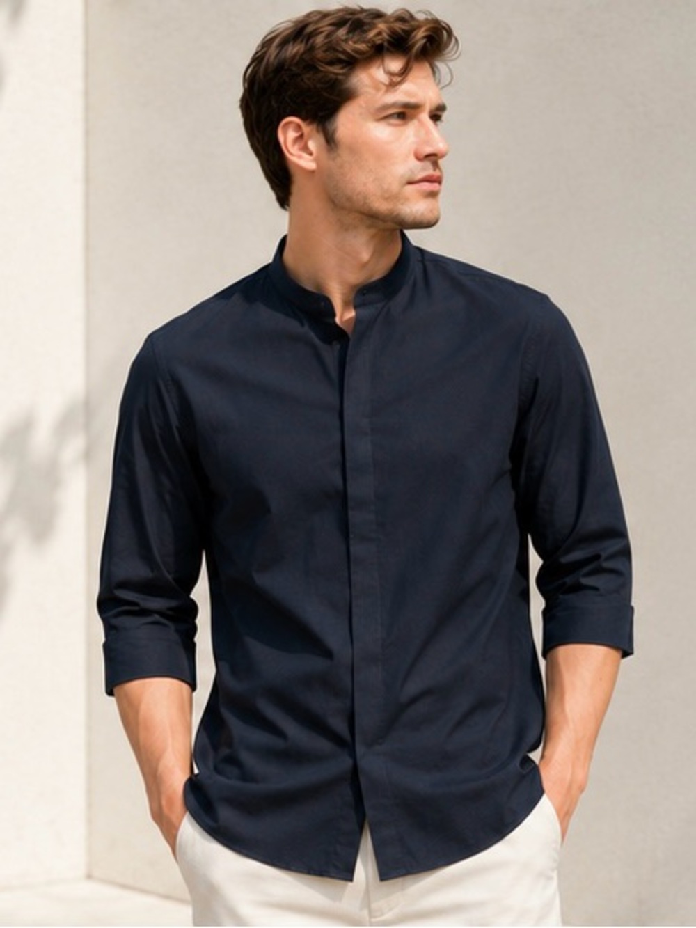 COS Mens Navy Band Collar Shirt Small Stretch Cotton Hidden Placket